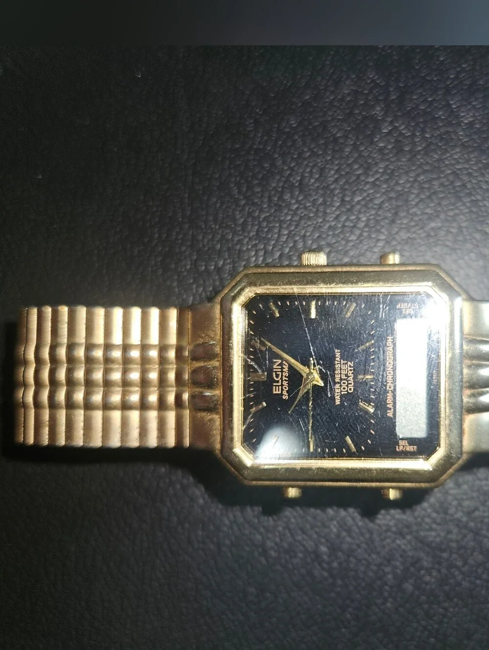 Elgin water resistant 100ft quartz Men's Gold-Tone Dress Watch with Black Dial